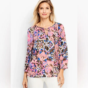 Talbots Coral Reef Paisley Tie Neck Blouse Size Large Petite 3/4 Sleeve NWT